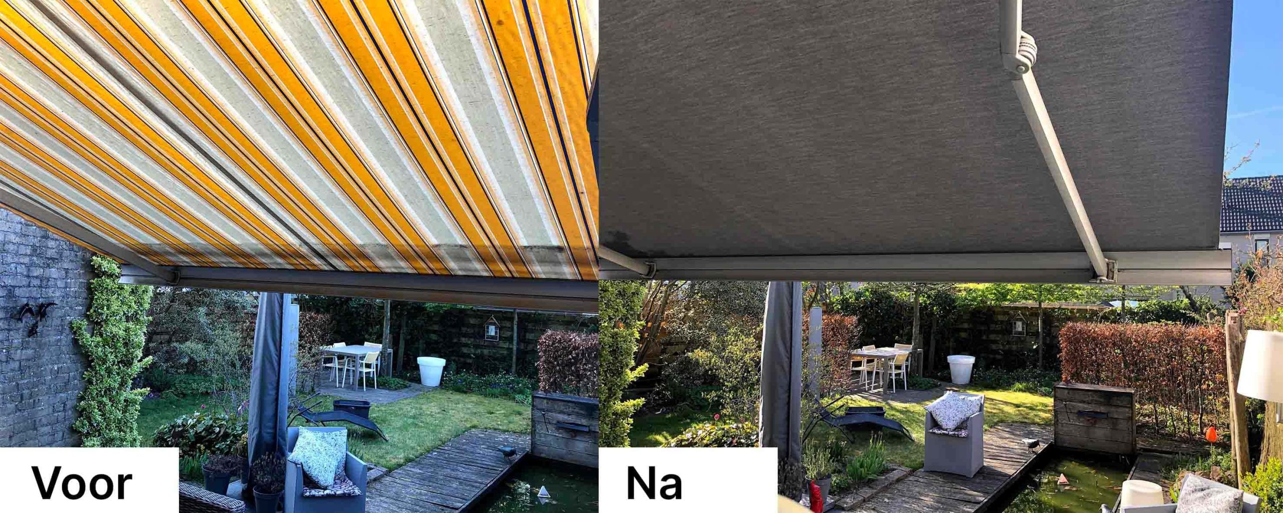 zonwering zonwerend nieuw scherm zonnescherm vervangen nieuw monteren montage modern intershades portfolio zelf doen doe het zelf op maat online bestellen kopen makkelijk met strepen patroon vervangen voor na